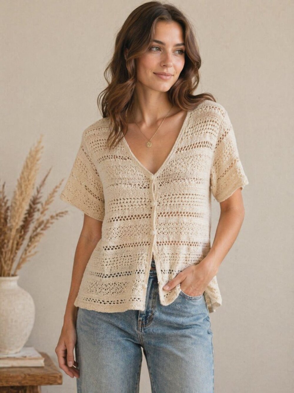 Vintage Cream Knit Sweater Ramie Cotton Blend Cottagecore Button Front Large